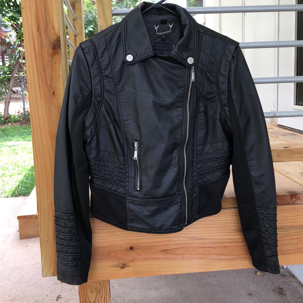 Moto black pink satin lined faux leather jacket size S/M Jou Jou S price final